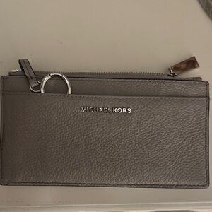 Michael Kors Pebbled Gray Leather Card Pouch with Zip